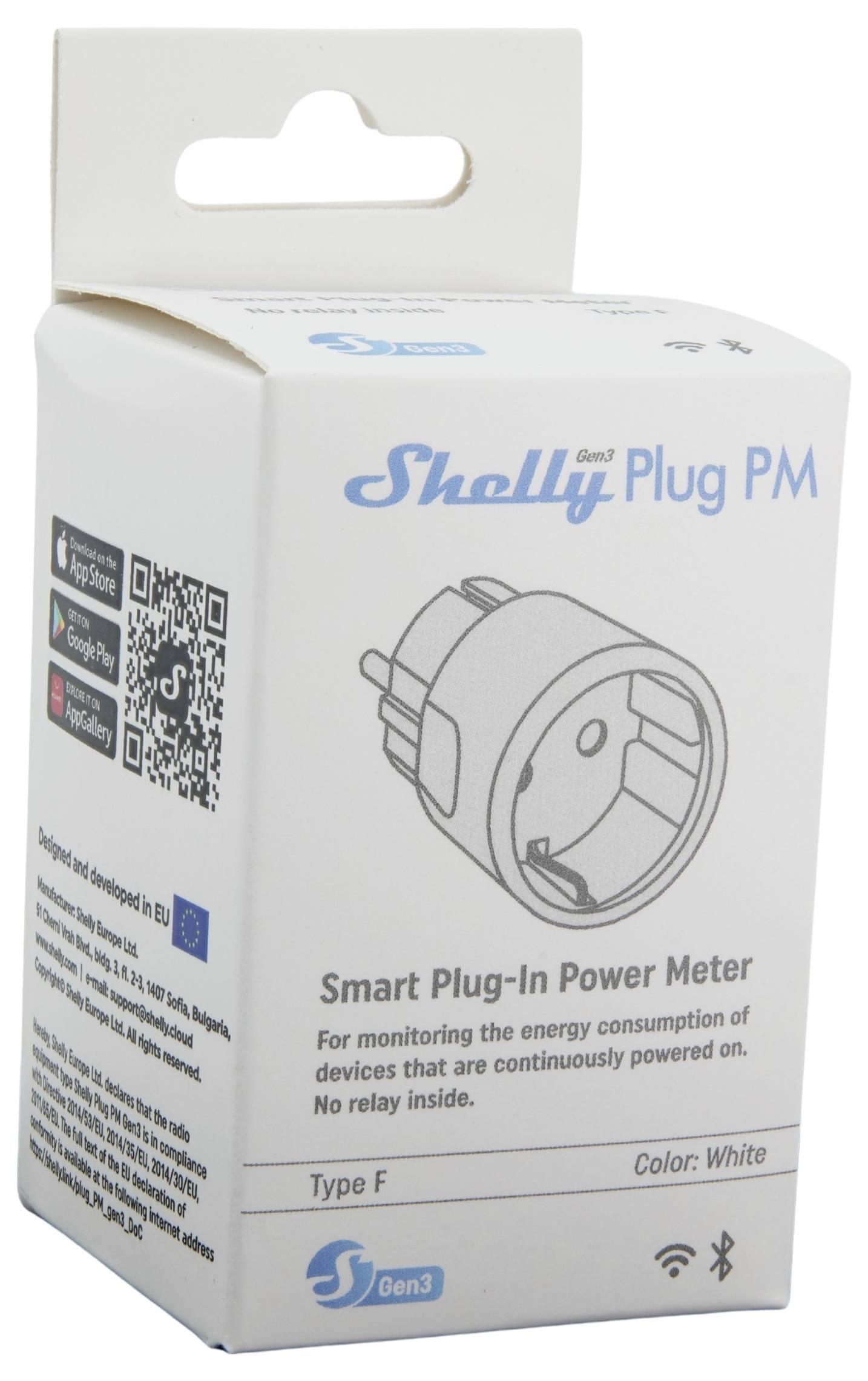 "Shelly Plug PM" okos dugó dobozban "Smart Plug-In Power Meter" szöveggel. Figyeli az energiafogyasztást, F típus, fehér szín. Nincs relé.