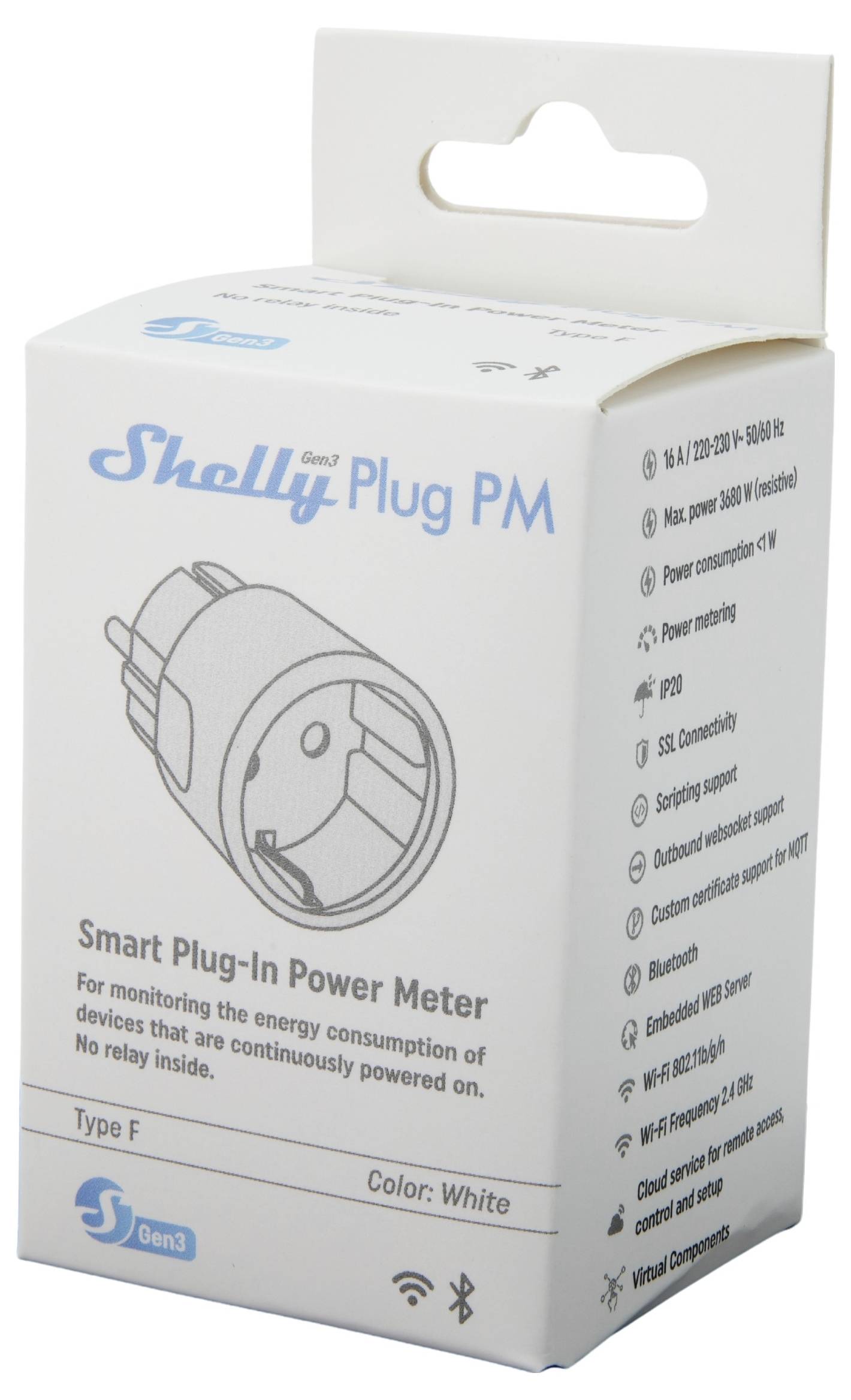 A „Shelly Plug PM" okos dugaszoló fogyasztásmérő doboze. A felsorolt funkciók közé tartozik az energiafogyasztás monitorozása, a hangsegéd kompatibilitás és a Wi-Fi.