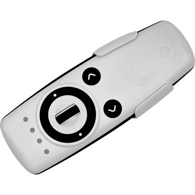 'Fehér és fekete játékvezérlő központi joystick-kal és gombok mindkét oldalán, sima háttér előtt.'