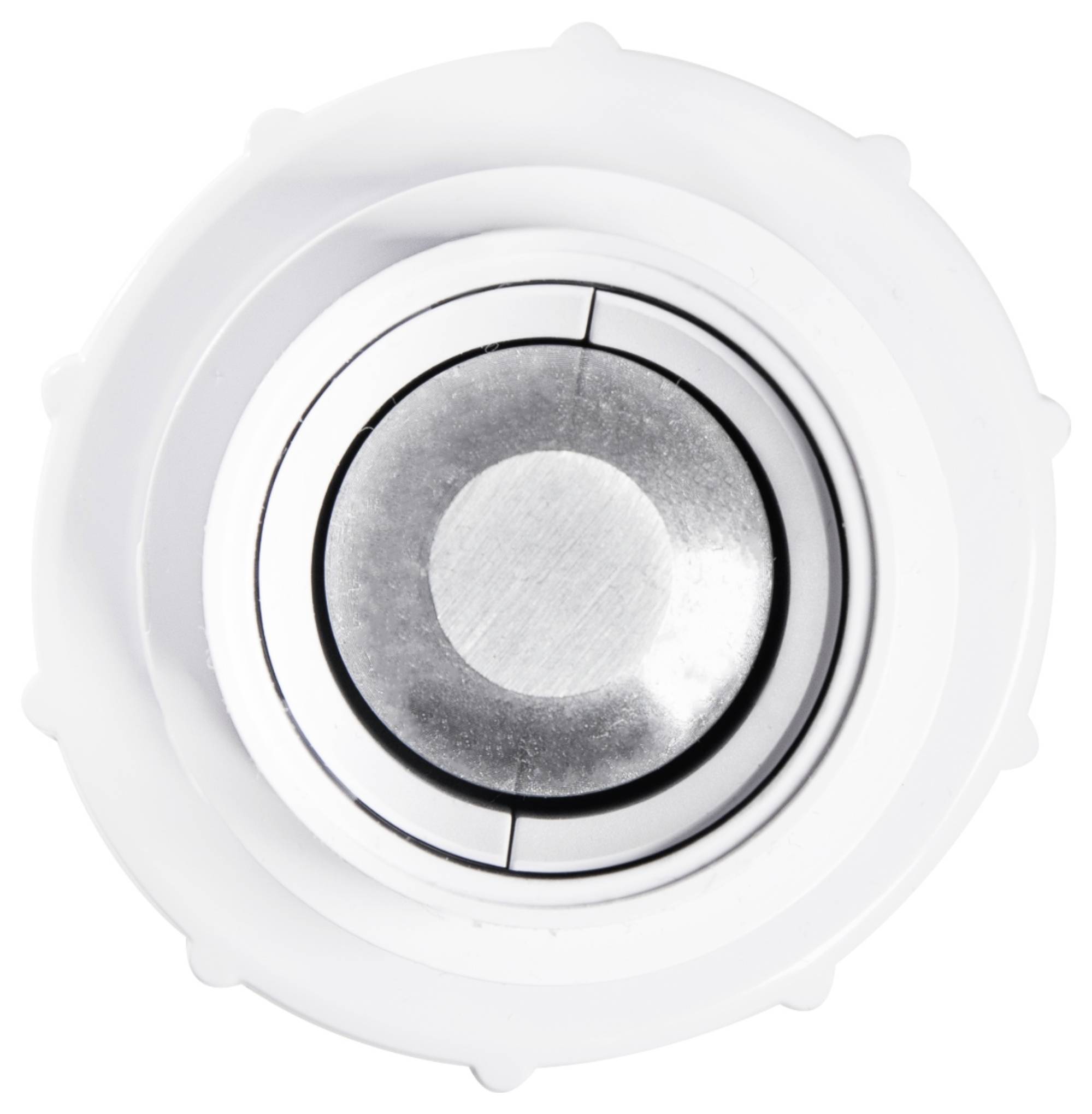 Egy kerek fémes gomb fehér műanyag külső burkolattal, gyakran alkalmazott vezérlőelemként a háztartási gépeken vagy eszközökön.