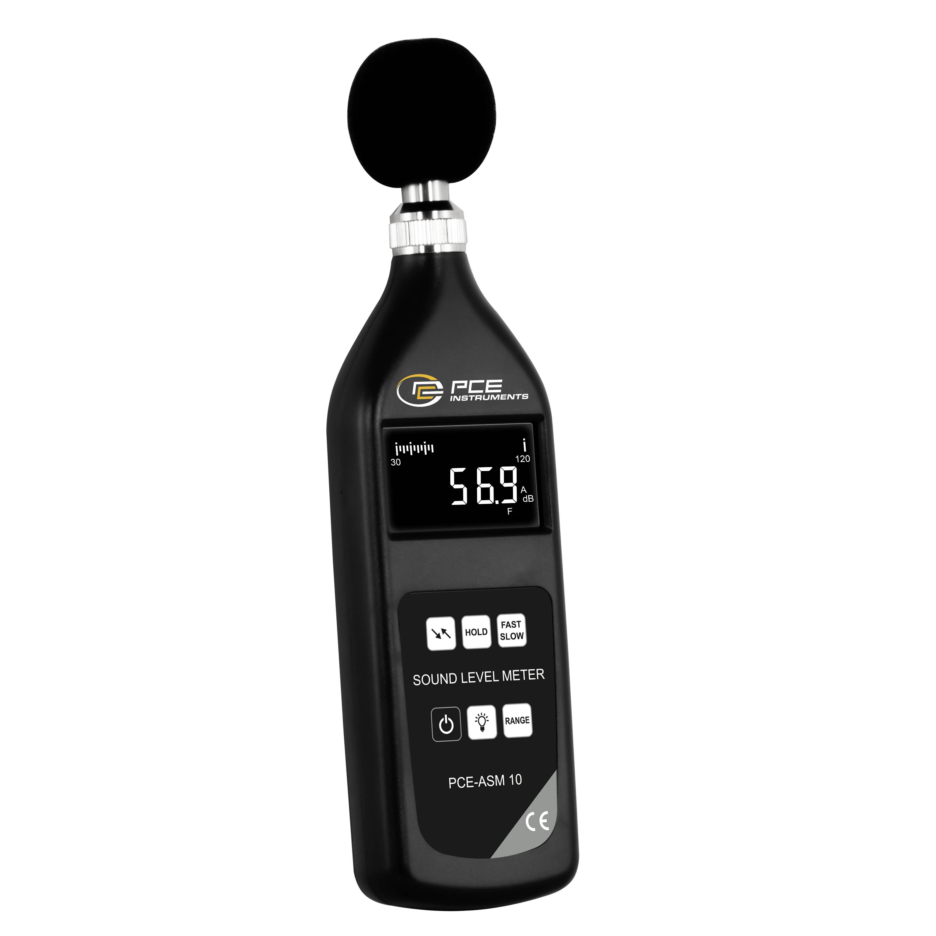Kézi PCE hangnyomásszint-mérőműszer habszivacsos mikrofonnal, amelynek digitális kijelzőjén 56,9 dB látható.