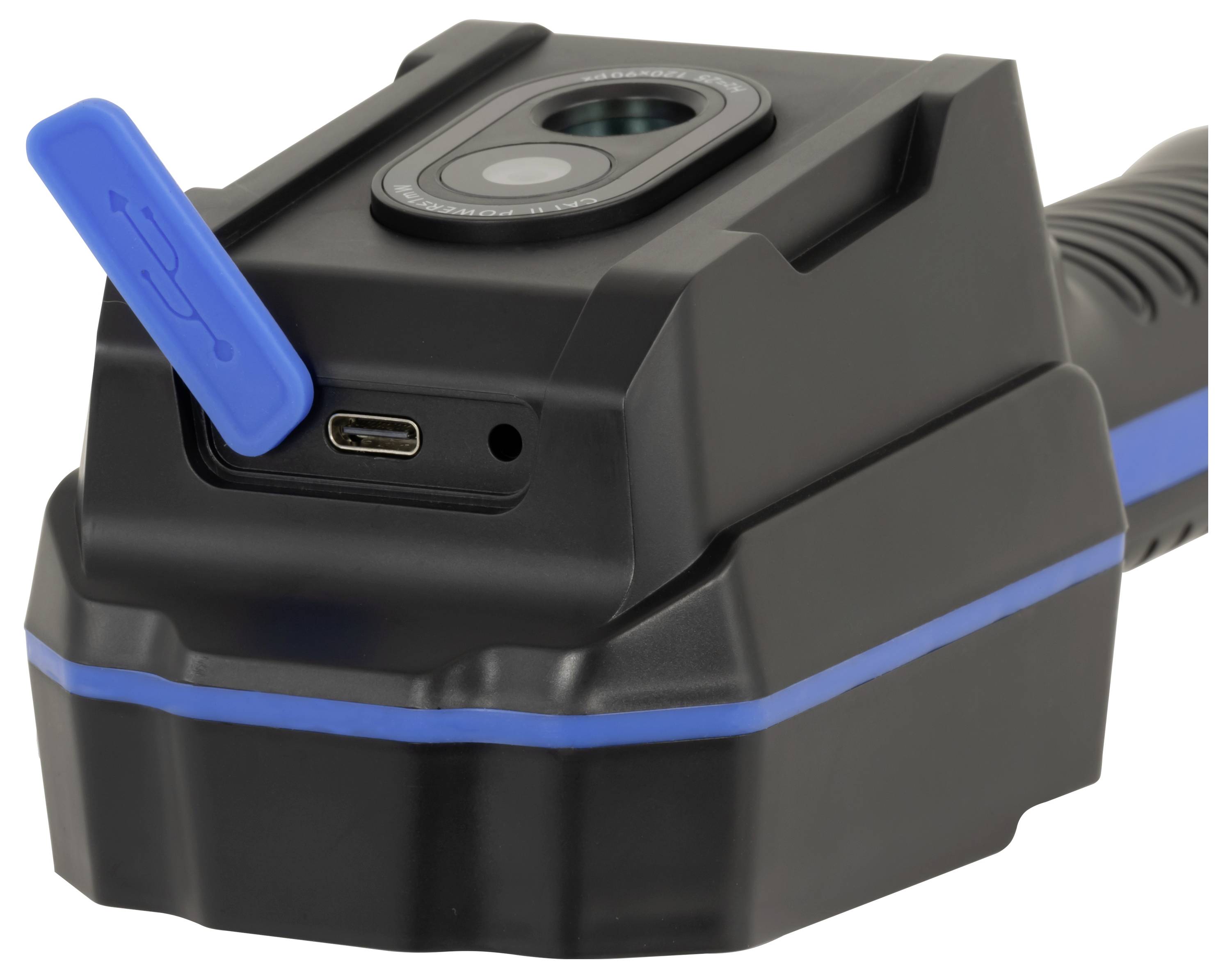 Egy fekete kézi eszköz közelképe kameraobjektívvel, kék retesszel, USB-C porttal és markolattal, valószínűleg egy hordozható vizsgálati vagy képalkotó eszköz.
