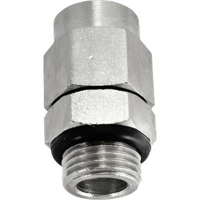 Ezüstszínű fém csatlakozó cső menetes illesztési vagy adapter közelről, fekete tömítőgyűrűvel.