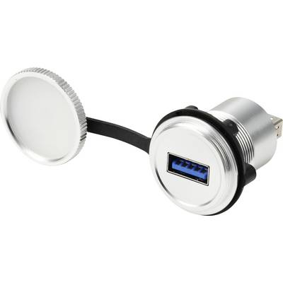 Kerek fém USB port kék betéttel és egy fekete szalaghoz rögzített lecsatolható sapkával.