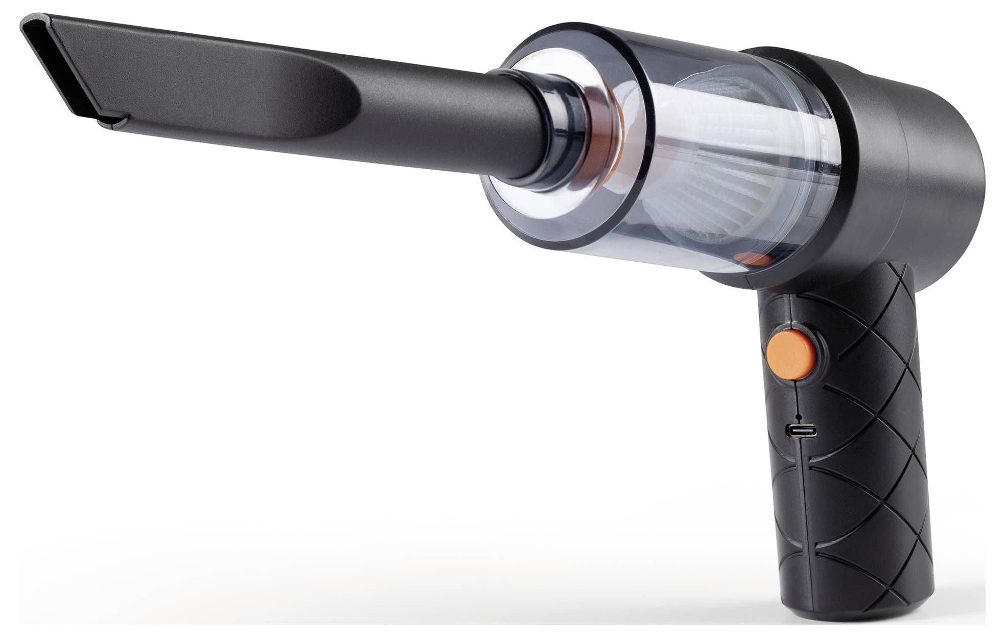 Kézi cordless légfúvó fekete fúvókával és fogantyúval, látható szűrővel egy átlátszó kamrában és bekapcsológombbal.