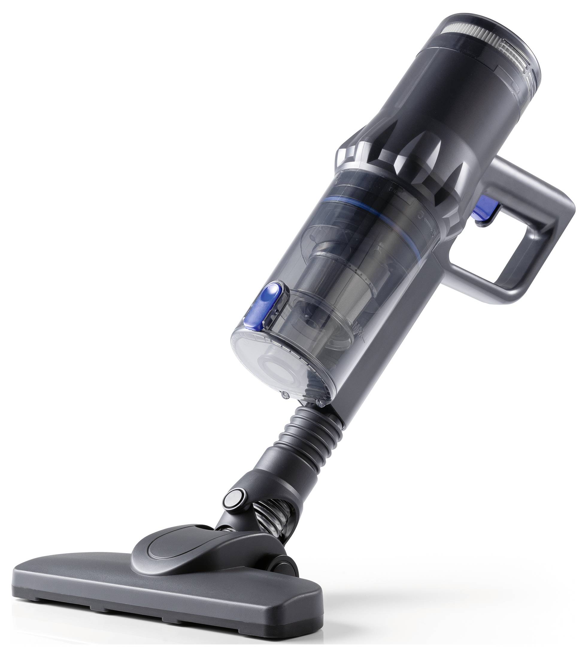 Elegáns, modern vezeték nélküli porszívó átlátszó portalonnyal, szögezett kefefejjel és ergonomikus fogantyúval, amely a könnyű használatot sugallja.