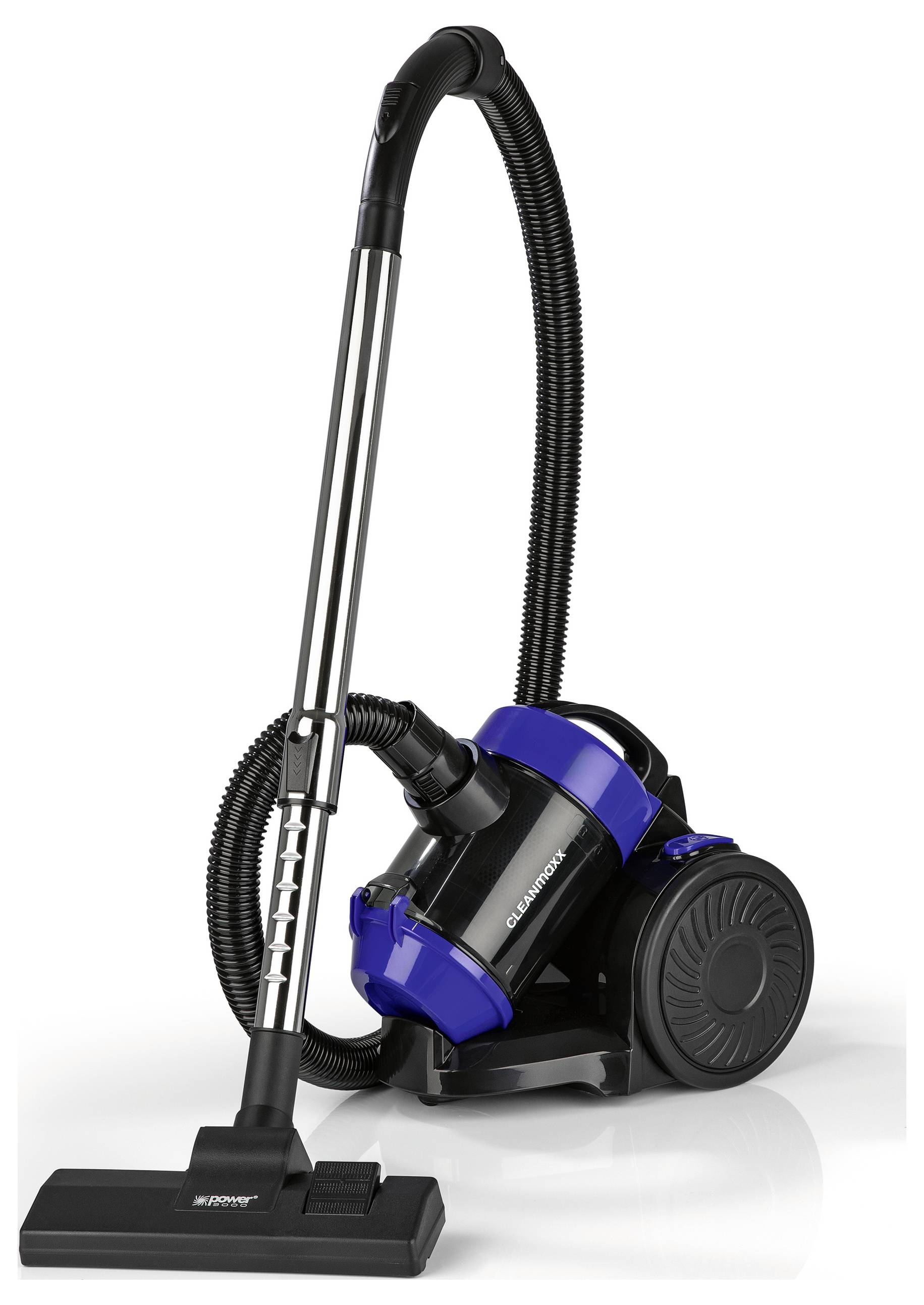 Egy kék és fekete porszívó hosszú tömlővel és kerekekkel rendelkező tartályokkal, amely hatékony padló tisztításra van tervezve.