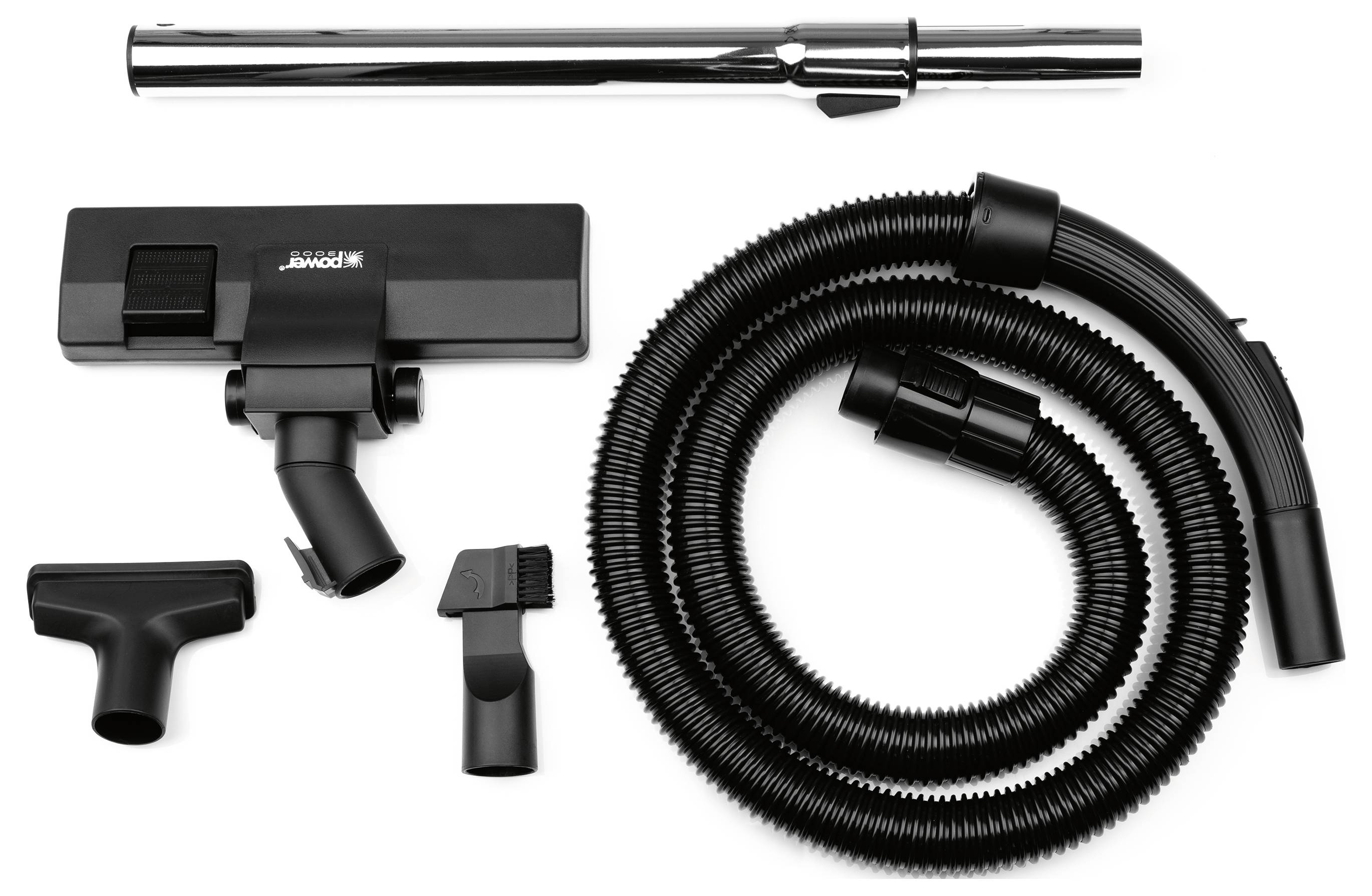 Porszívó tartozék szett egy fém hosszabbító rudazattal, egy csővel, egy padlókefével, egy résszélesítő eszközzel és egy kis kefefejlesztéssel.