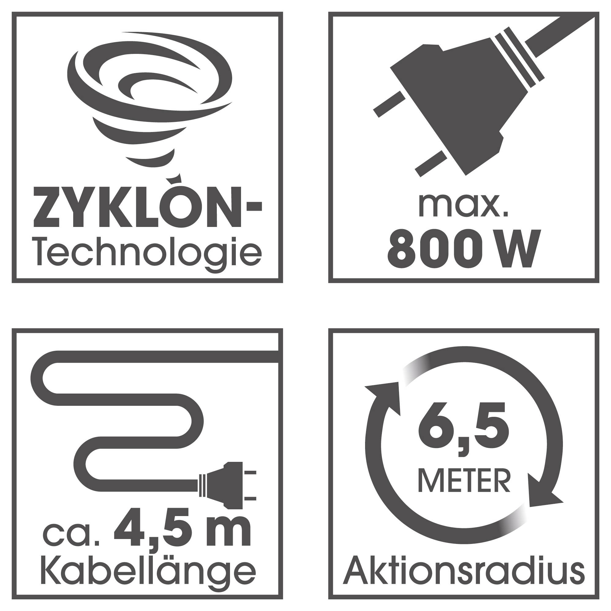 'Ciklontechnológia', 'max. 800 W', 'kb. 4,5 m kábelhossz', '6,5 méter működési sugár' piktogrammokon szürke háttéren.