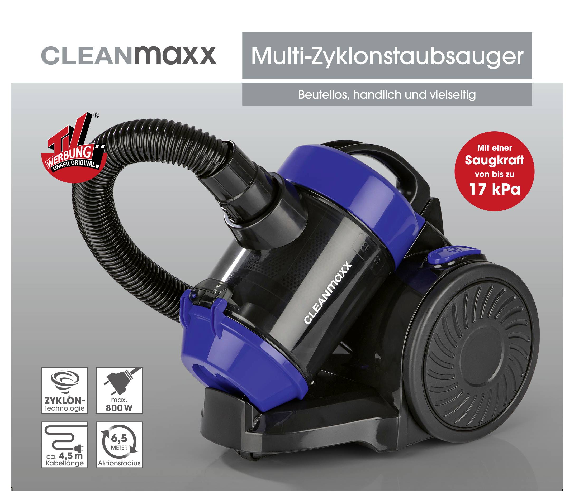 "Multi-Ciklonstofszívó CLEANmaxx" kékben, csővel és nagy kerekekkel. Kiemelt jellemzők: 800 W teljesítmény, 17 kPa szívóerő, 4,5 m kábel.