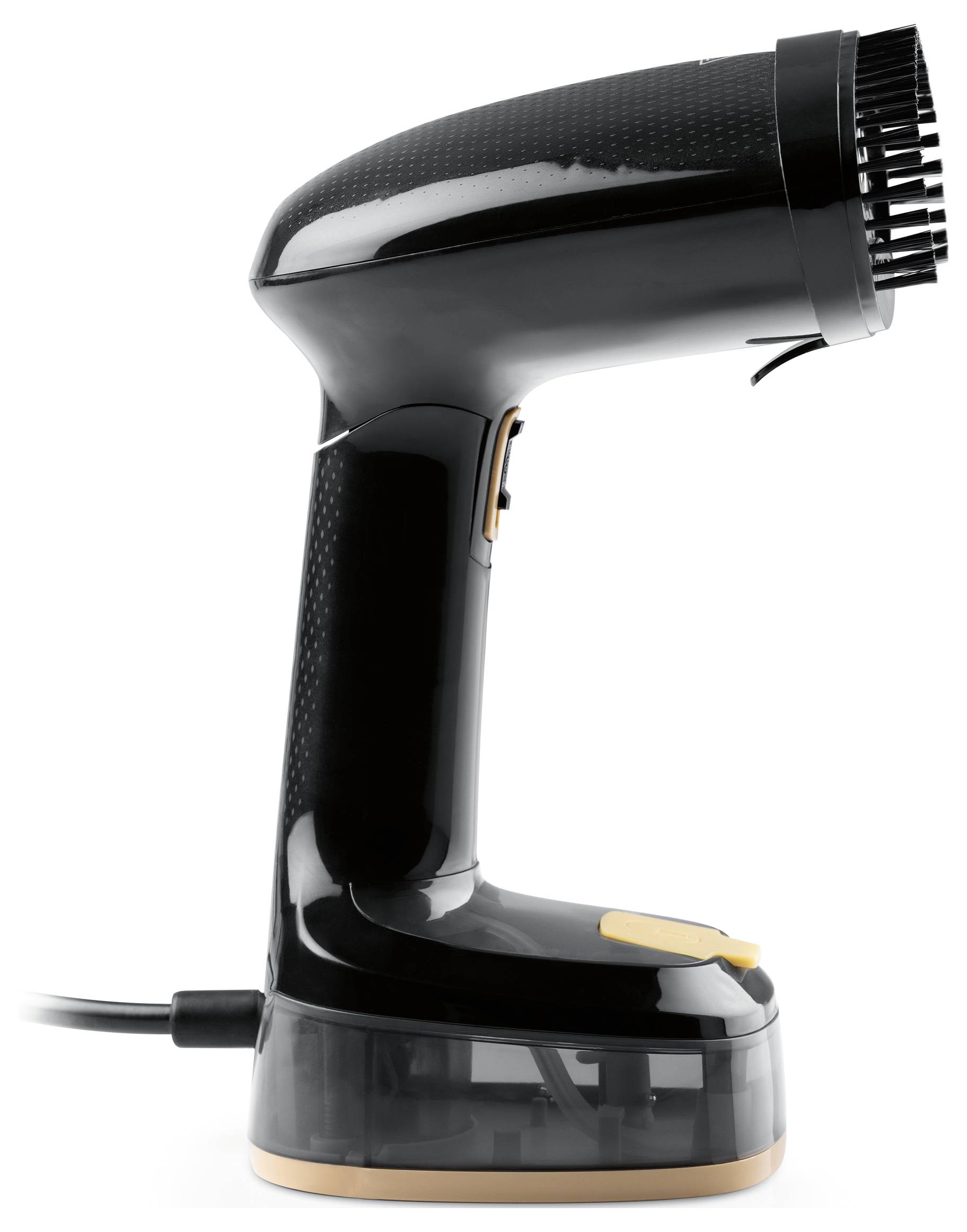 Fekete kézi ruhamaró gőzölő vízzel feltölthető tartállyal, tápkábellel és gőzsugaras fúvókával, amely ruházati ráncok eltávolítására szolgál.