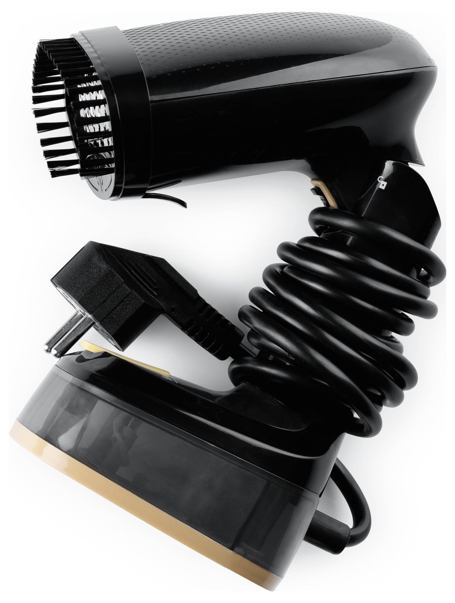 Egy fekete hajszárító tekercselt kábellel egy sík felületen lies. A fúvóka és a csatlakozódugó jól látható.