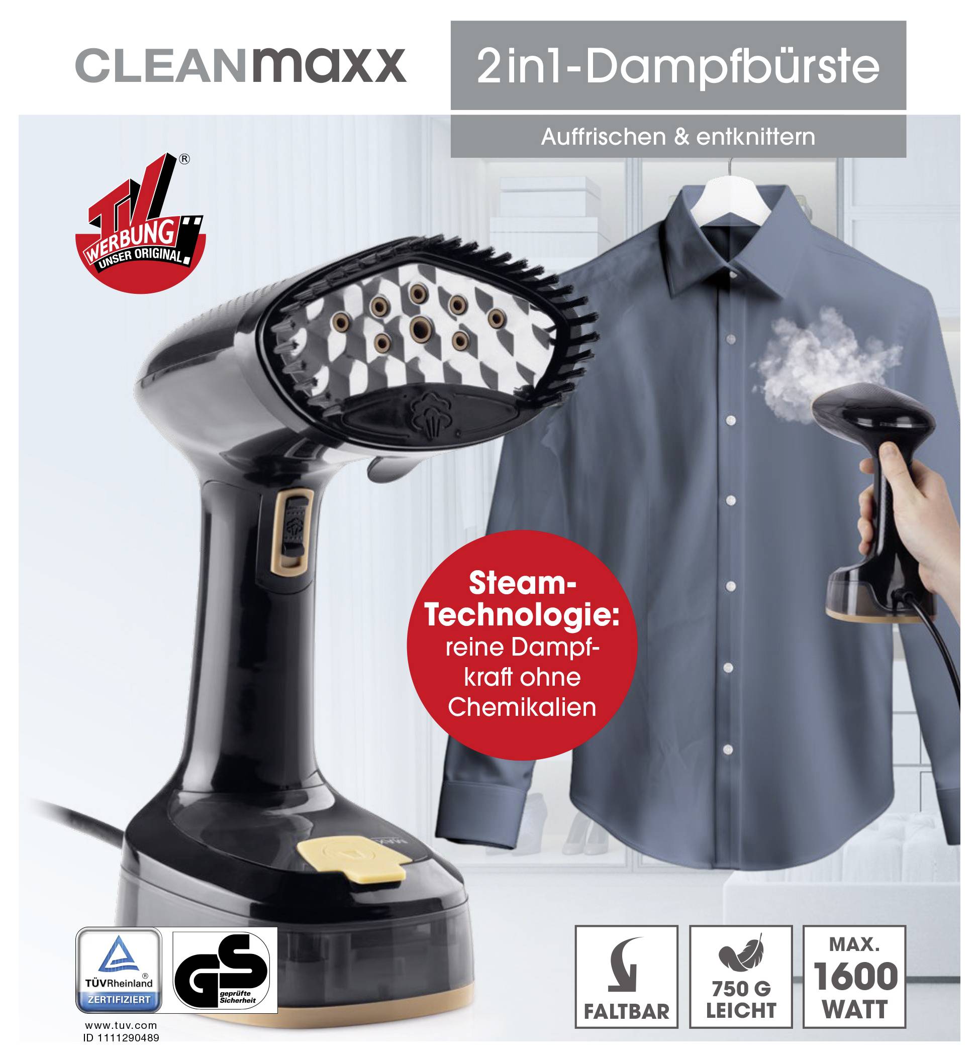 'A CLEANmaxx 2-in-1 gőzvasalóának termékképe. Egy gőzvasalót mutat egy sima ing előtt; kiemelkedő funkciók: nincs vegyi anyag, összecsukható, 750g, 1600W.'