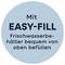 Kék kör szöveggel: „Az EASY-FILL friss víztartállyal kényelmesen felülről tölthető".