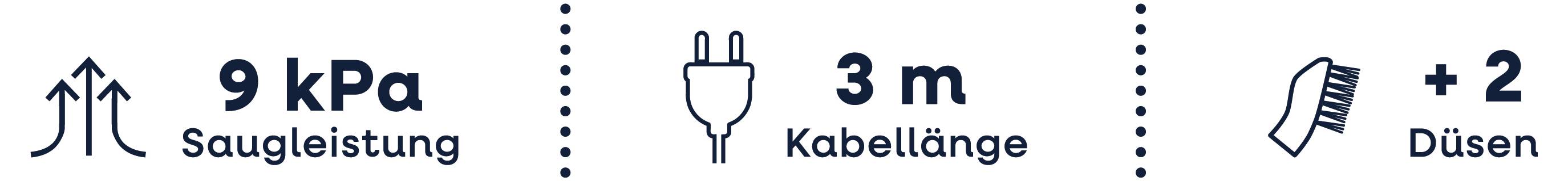 'Szívóerő: 9 kPa, Kábelhossz: 3 m, 2 fúvóka tartozék.' Piktogramok egy porszívó műszaki adatait szemléltetik.