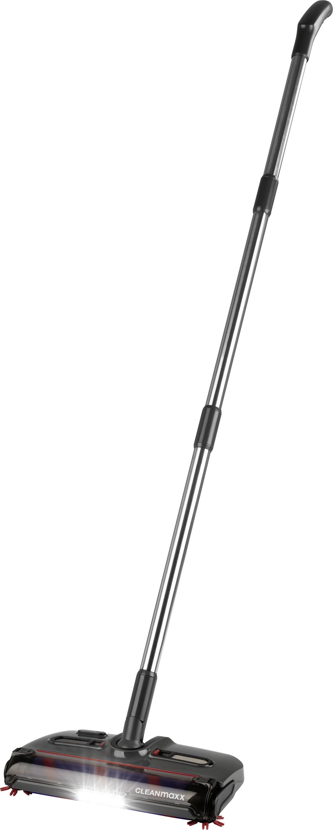Egy felálló elektromos padlósöprő hosszú nyéllel és fekete alappal, kefékkel és egy kis elülső fénnyel az padlók tisztításához.