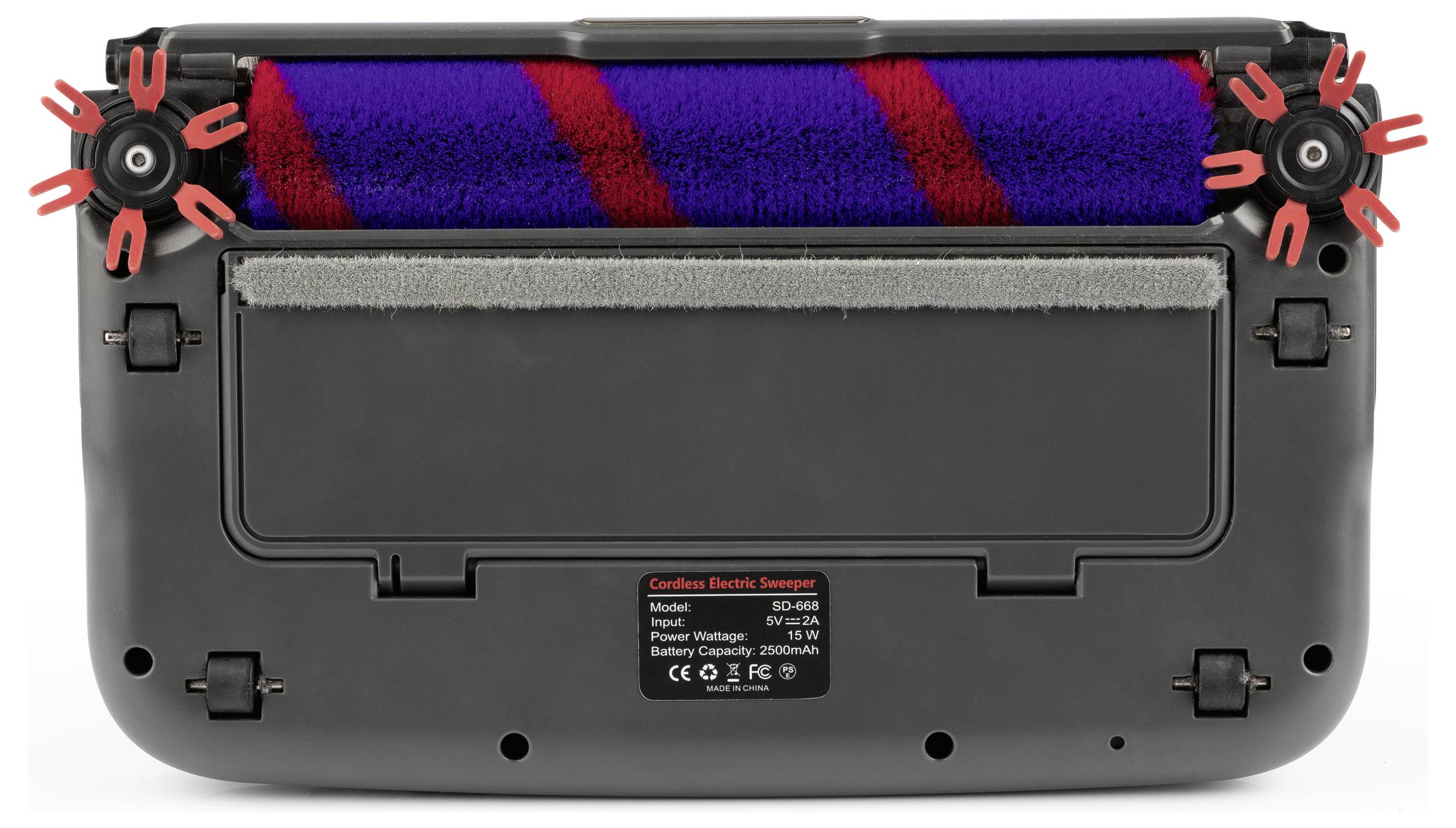 A kép egy akkumulátoros elektromos seprűgép alját mutatja egy forgó kefetengely, négy piros körrel megjelölt csavar és egy szürke, eltávolítható panel.