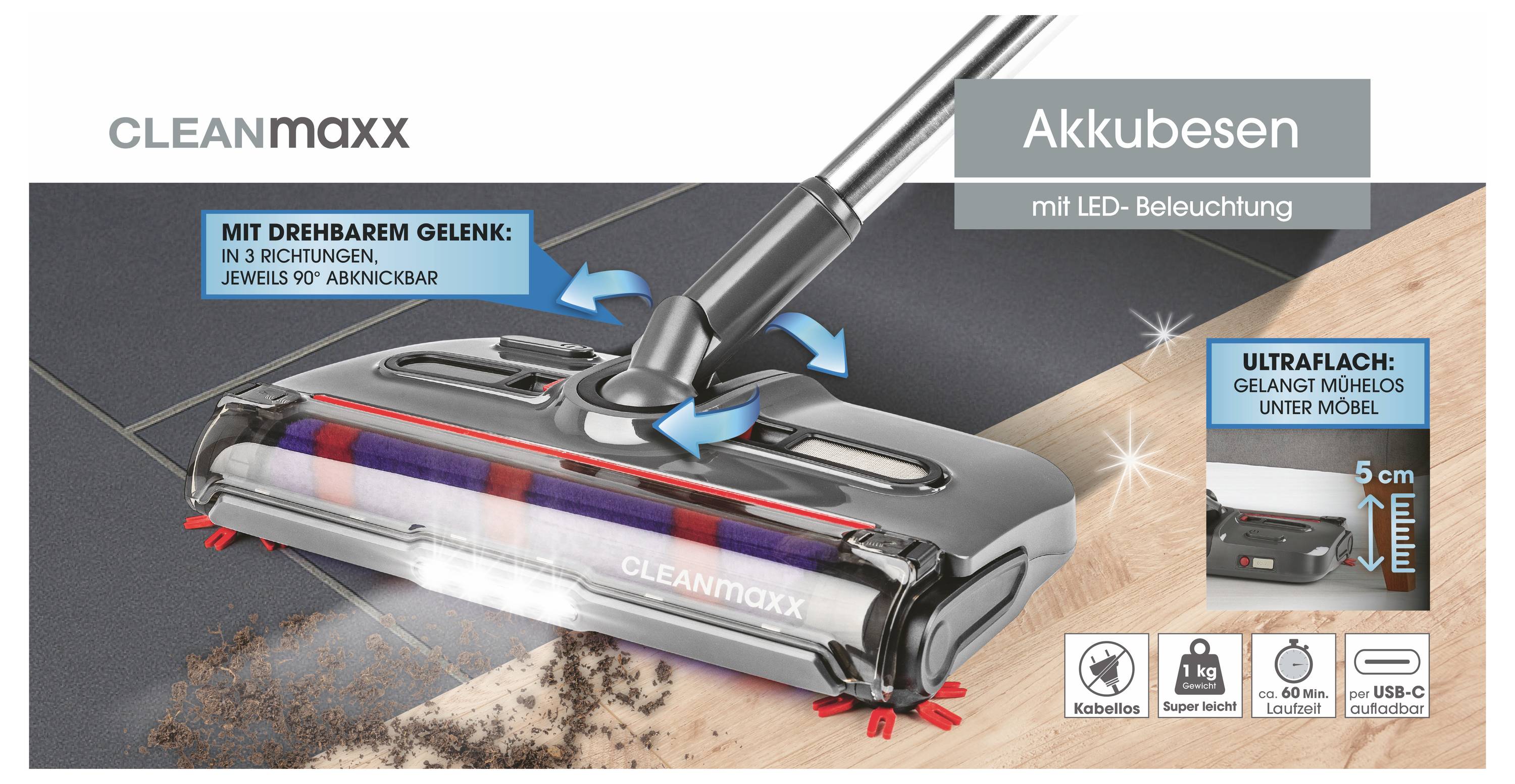 'LED-megvilágítású akkumulátoros kefe, forgatható csuklóval és 5 cm magassággal, ideális sima padlózatokhoz és bútorok alá. USB-C töltési funkcióval.'