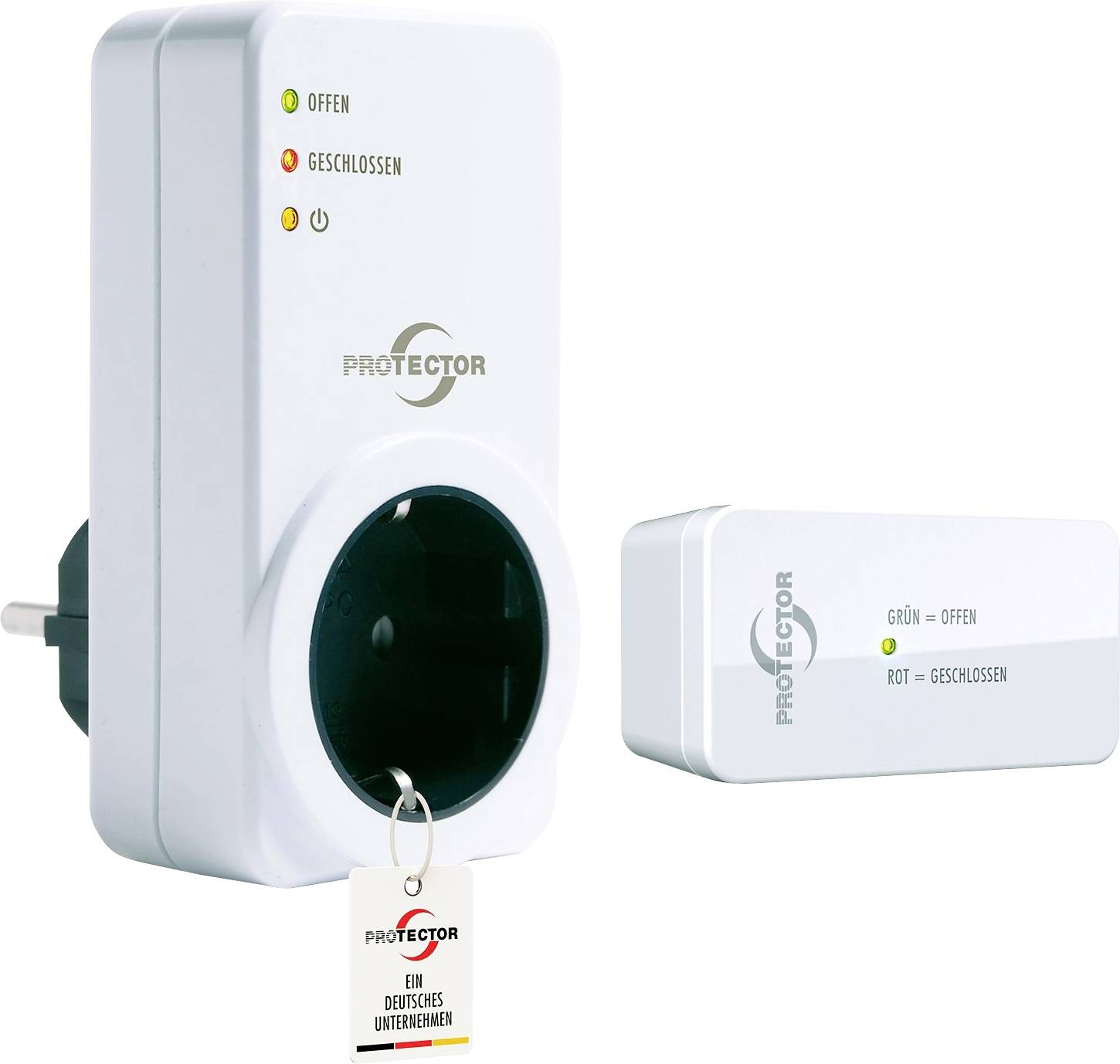 Egy fehér elektronikus dugó egy behelyezett kulccsal, amely LED-eket jelenít meg a "Nyitva" (zöld) és a "Zárva" (piros) feliratokkal, amelyek az ajtózár állapotát jelzik.