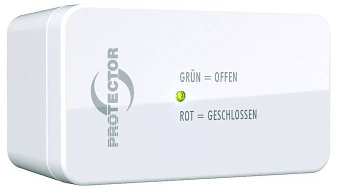 Egy fehér téglalap alakú eszköz, amelyen a „PROTECTOR" felirat, két német jelzővel: „Grün = Offen" (Zöld = Nyitott) és „Rot = Geschlossen" (Piros = Zárt), zöld fényt mutatva.