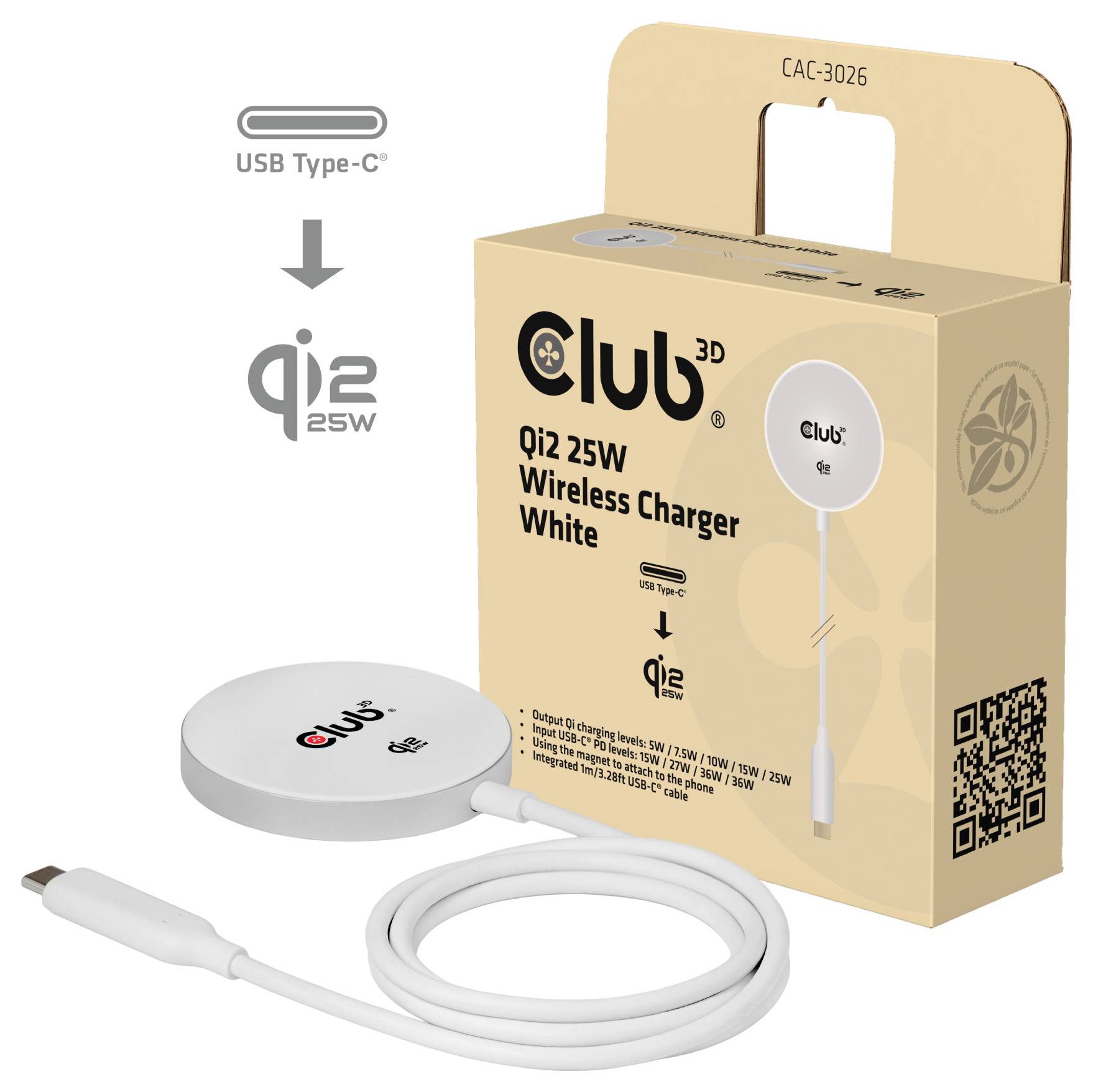 Club 3D Qi2 25W vezeték nélküli töltő fehér – dobozban USB Type-C csatlakozással, amely a töltőt és a kábelt mutatja.