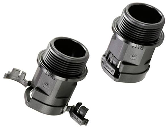 Két fekete menetelt csatlakozóelem oldalsó klipekkel, fehér háttér előtt megjelenítve.