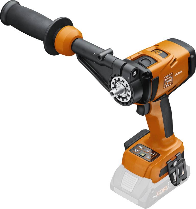Egy narancssárga és fekete akkumulátoros elektromos szerszám, oldalsó fogantyúval és fogaskerék-mechanizmussal felszerelve, amelyet nehéz ipari fúrási és csavarozási feladatokhoz használnak.