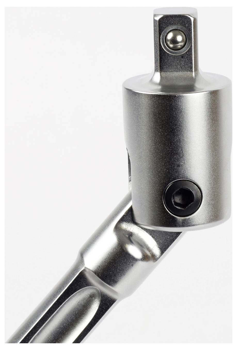 Egy fémből készült univerzális csukló csatlakozó adapter, eszközök összekapcsolására tervezett, szögben megmutatva, amely a forgó és záró mechanizmusokat emeli ki.