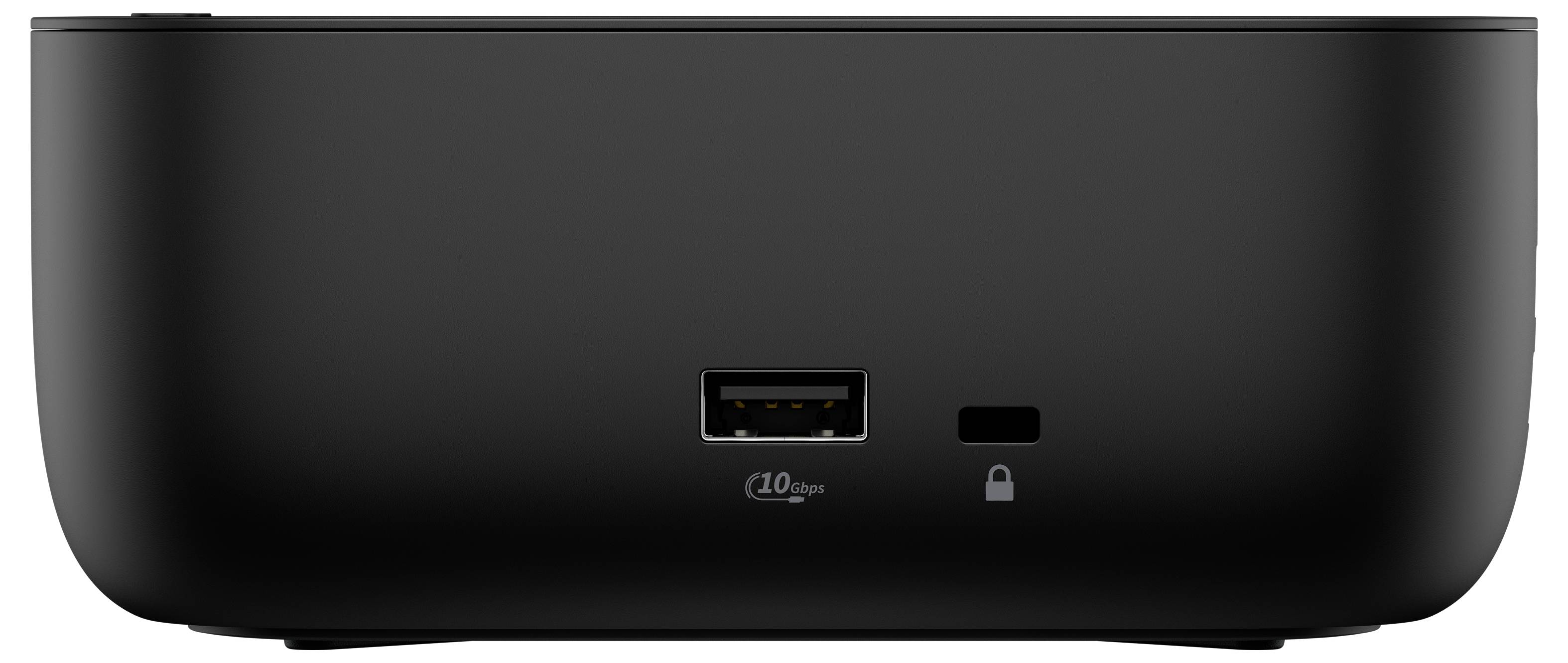 Egy fekete elektronikus eszköz USB-porttal és lakat szimbólummal az elülső oldalán, amely lehetséges csatlakozási és biztonsági funkciókat jelez.