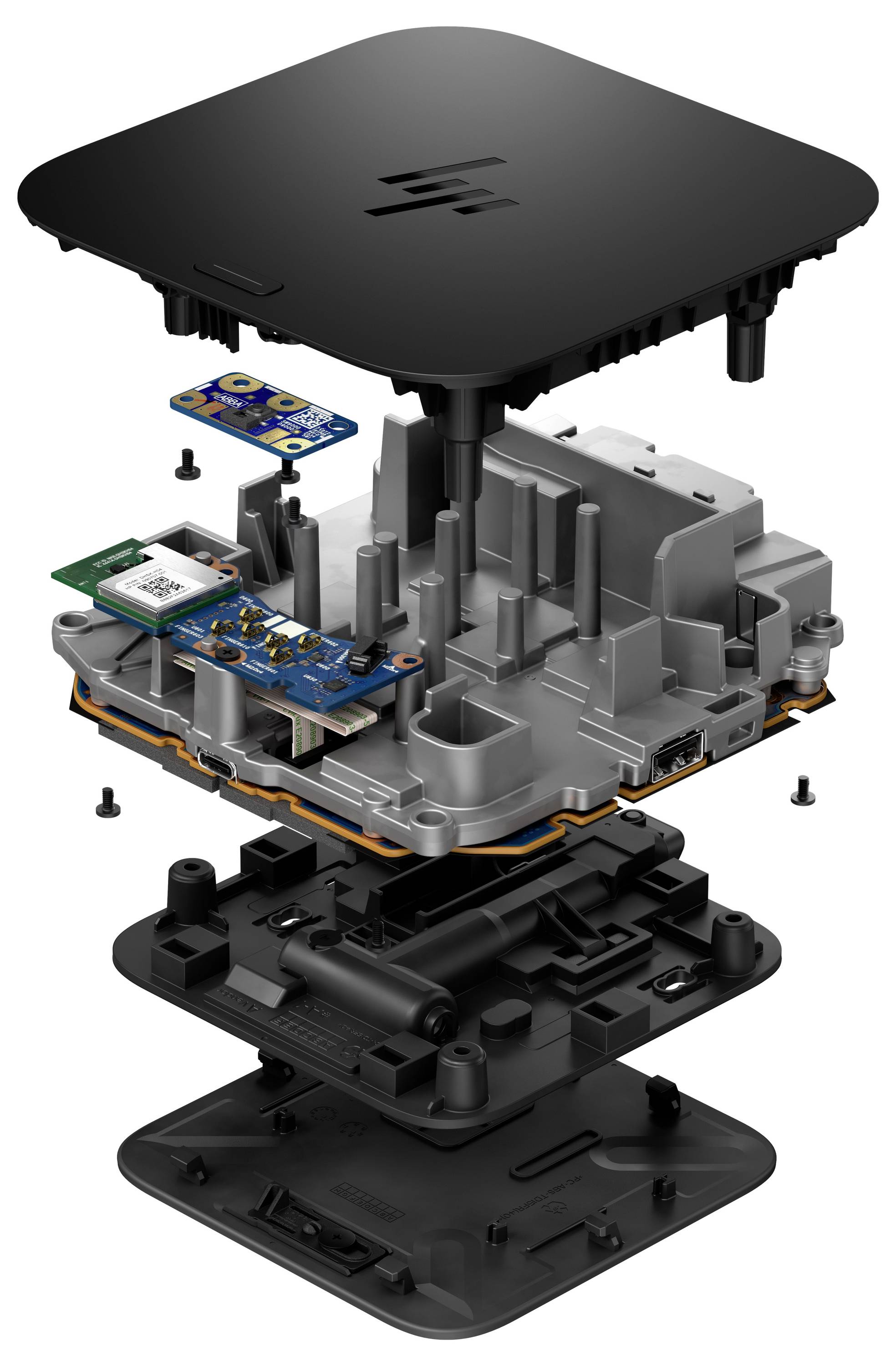 Elektronikus eszköz robbantott nézete, amely az olyan belső alkatrészeket mutatja, mint az áramköri lapok és csatlakozók, illusztráló az összeszerelési szerkezetet.