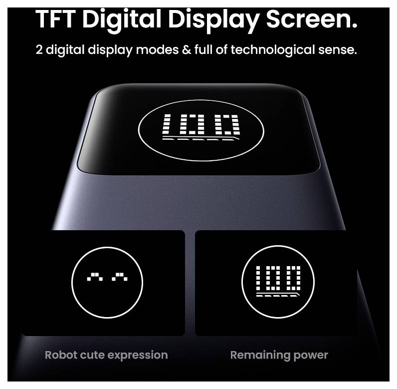 "TFT digitális kijelzőképernyő" két móddal: egy "Robot aranyos kifejezés" és "Hátralévő teljesítmény" numerikus formátumban.