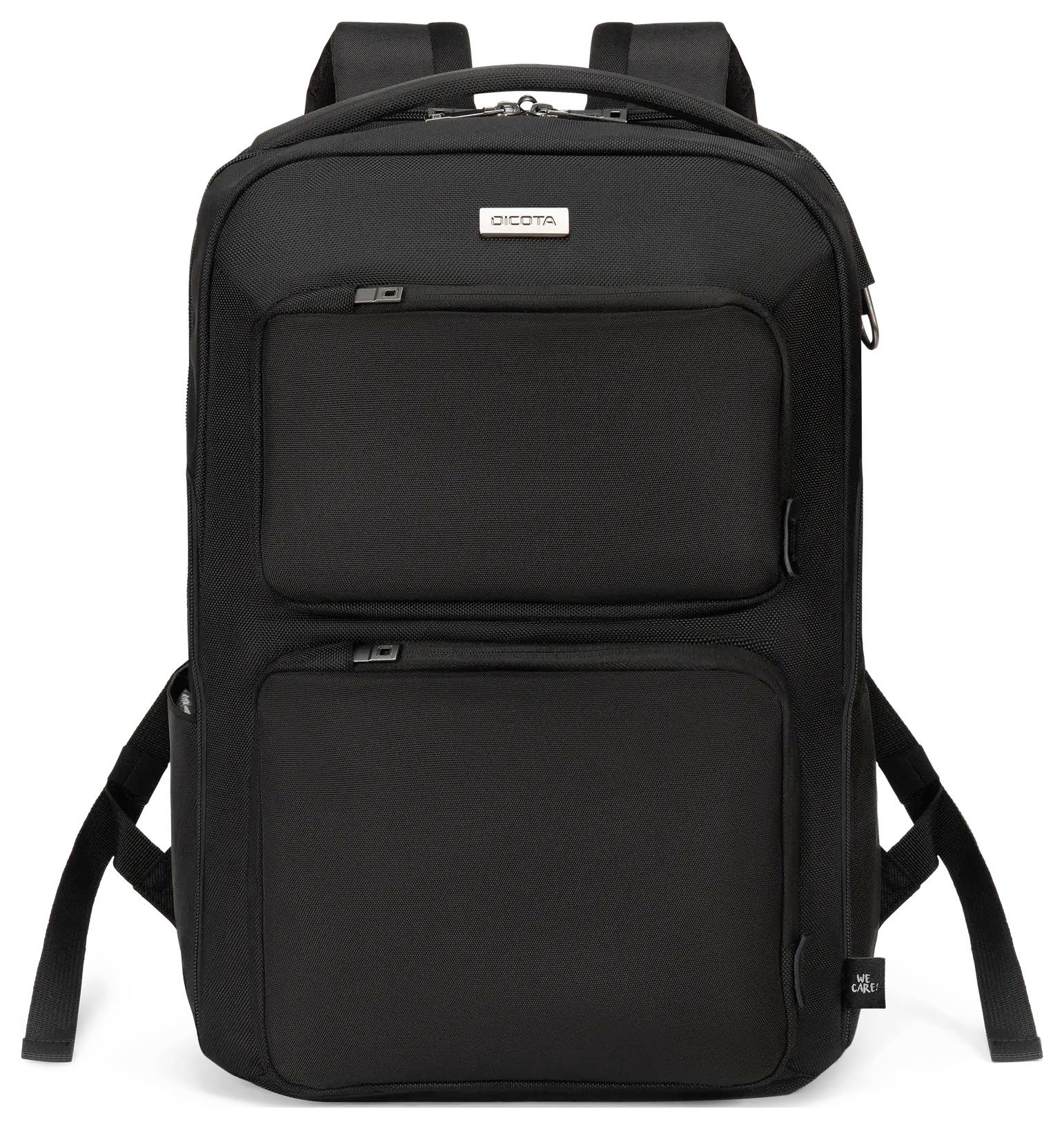 Fekete hátizsák két elülső cipzáras zsebrel, állítható vállon hordható pántokkal és felső fogantyúval. A márka logója látható a zsebek felett.