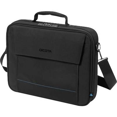 Fekete laptoptáska fogantyúval és vállpánttal, elülső zsebbel és cipzáros tetővel, elektronikai eszközök szállításához alkalmas.