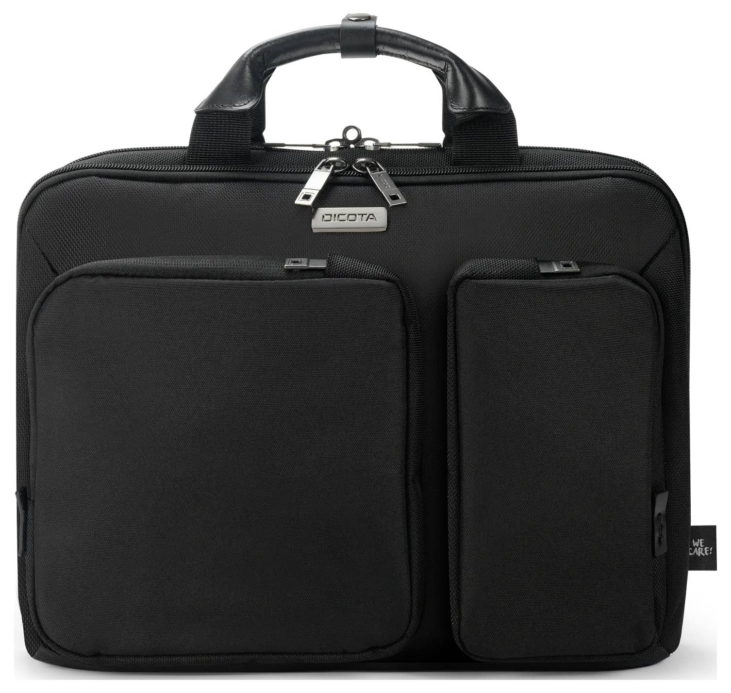 Fekete laptop táska fogantyúval, két cipzáros első zsebből és egy kettős cipzárral ellátott főrekeszből, laptopok szállítására tervezve.