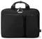 Fekete laptop táska fogantyúval, két cipzáros első zsebből és egy kettős cipzárral ellátott főrekeszből, laptopok szállítására tervezve.