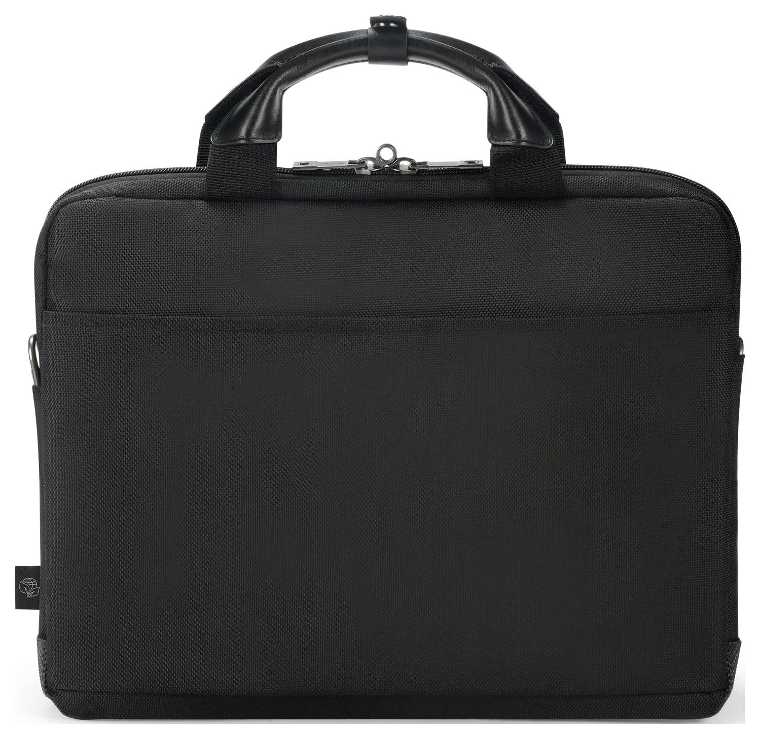 Egy fekete laptop táska egyszerű, elegáns designnal és két fogantyúval, amely elölnézetből látható.