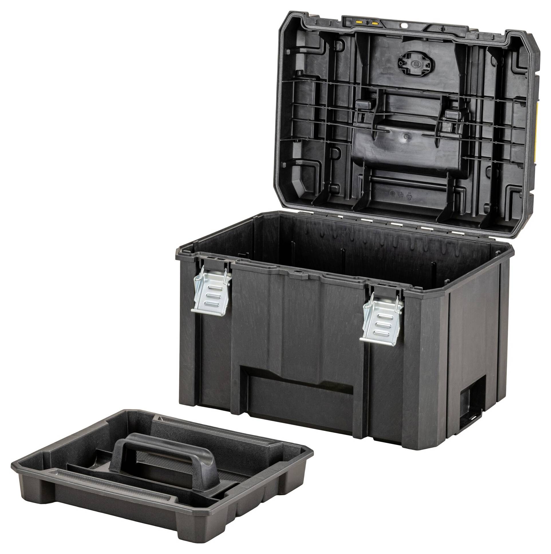 Egy fekete szerszámtárolódoboz nyitott fedéllel és két zárócsattal, amelynek mellett egy fogantyúval rendelkező eltávolítható tálca látható, mindkettő üres.