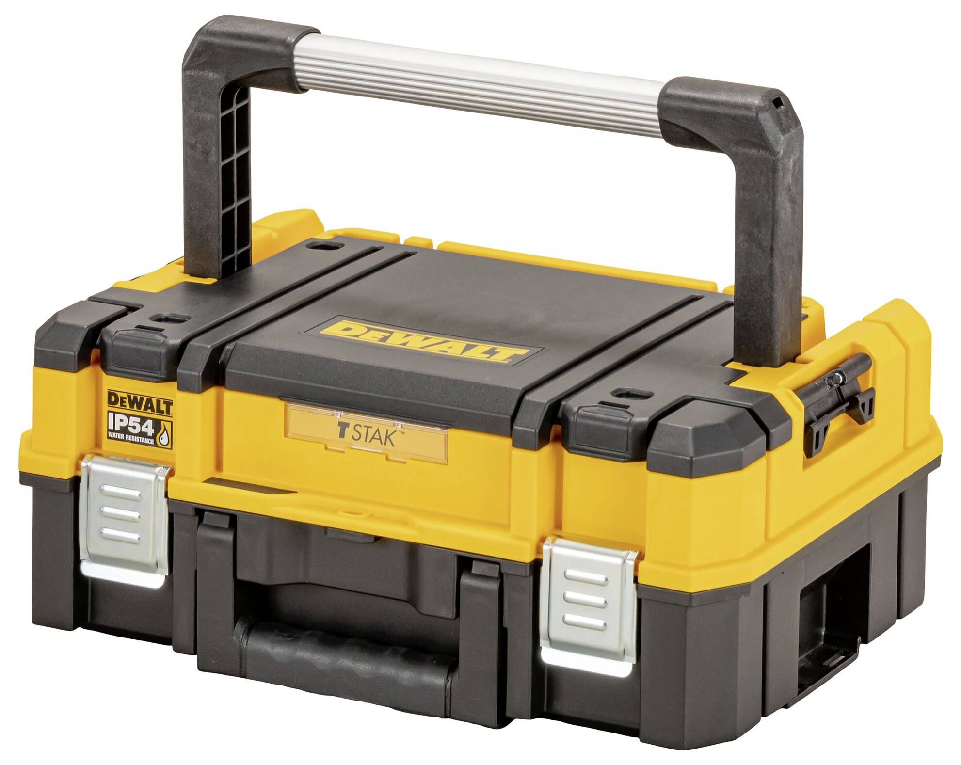 Egy sárga és fekete szerszámosláda erős fogantyúval, amelyen a „DeWALT" és az „IP54" felirat látható, robusztus tárolásra és hordozhatóságra tervezve.