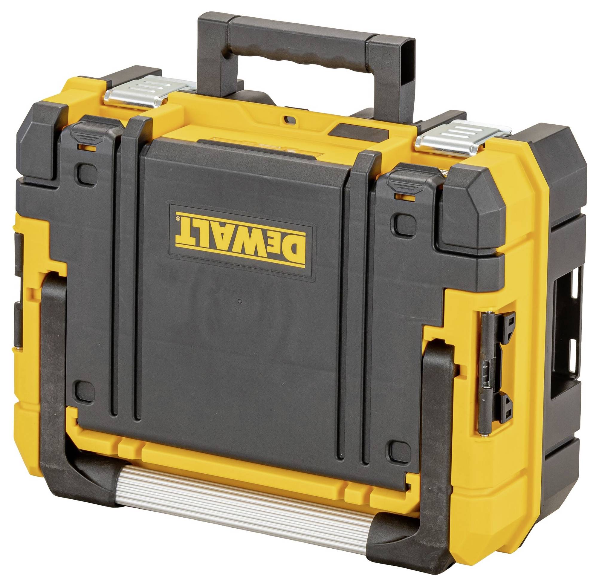 Erős, fekete és sárga keménytok hordozófüllel és „DEWALT" logóval, amelyet szerszámok biztonságos tárolására és szállítására használnak.