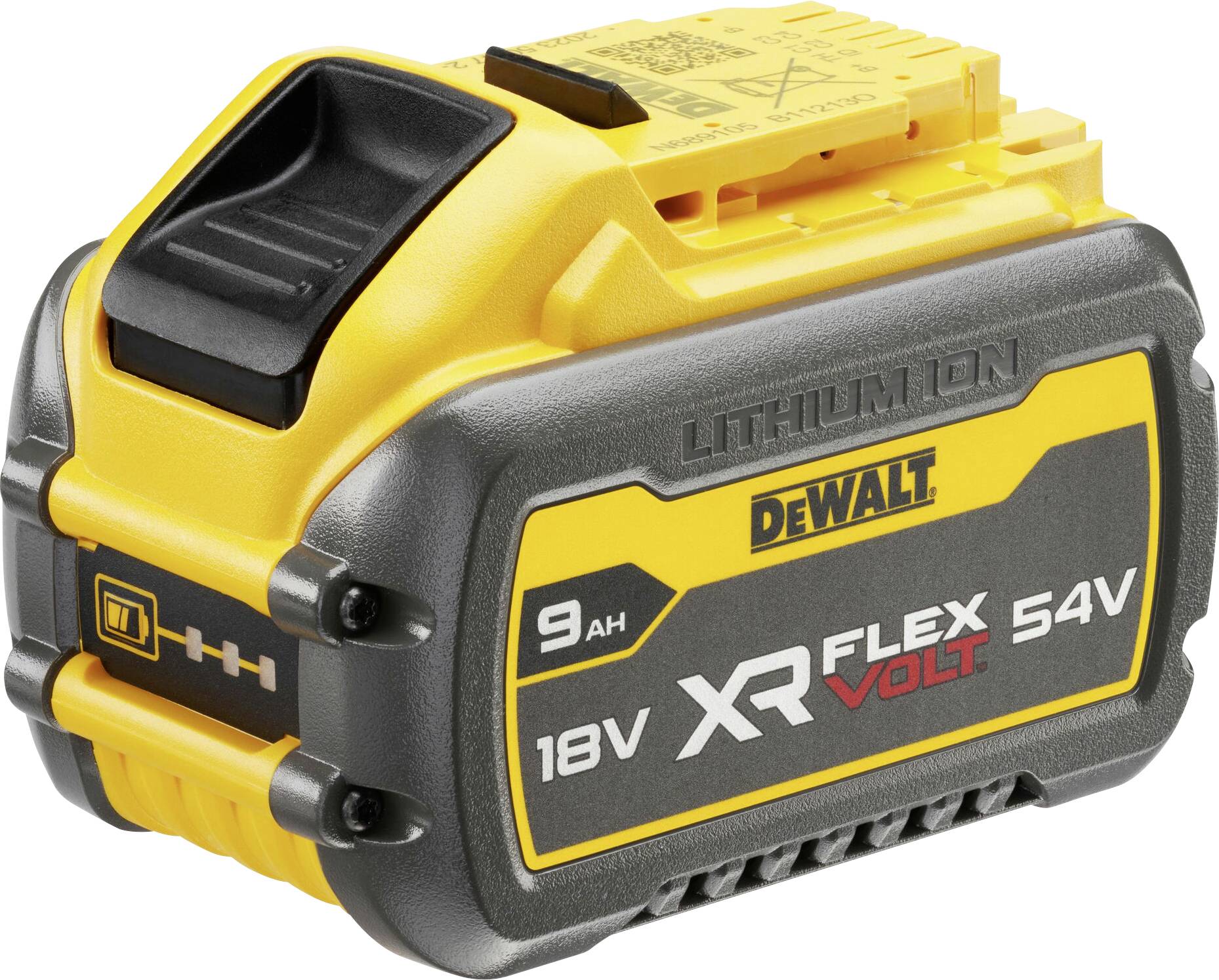 Dewalt 18V XR Flexvolt 54V 9Ah lítium-ion akkumulátor fekete és sárga házióval, a termék márkázásával és műszaki adataival
