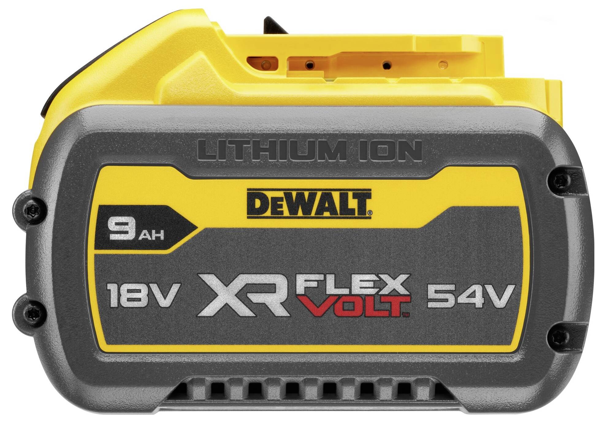 Egy sárga és fekete DeWalt lítium-ion akkumulátor, amely az "18V XR FLEXVOLT 54V 9 AH" feliratot mutatja, amely a feszültségét és amperóra-kapacitását jelzi.