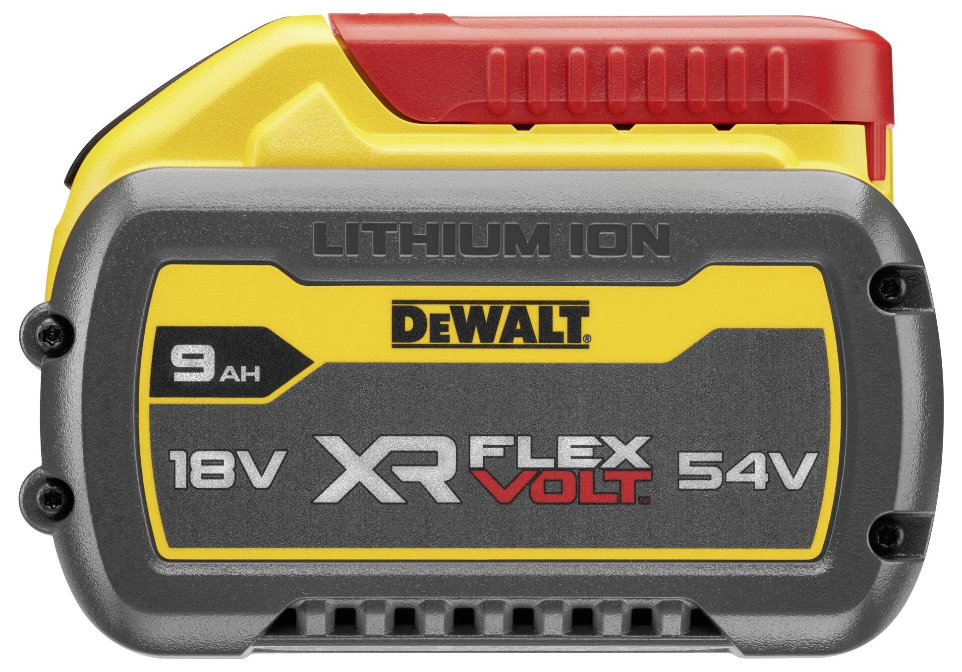 'Dewalt 18V XR FlexVolt 54V lítium-ion akkumulátor, 9Ah kapacitás, sárga és piros dizájnnal.'