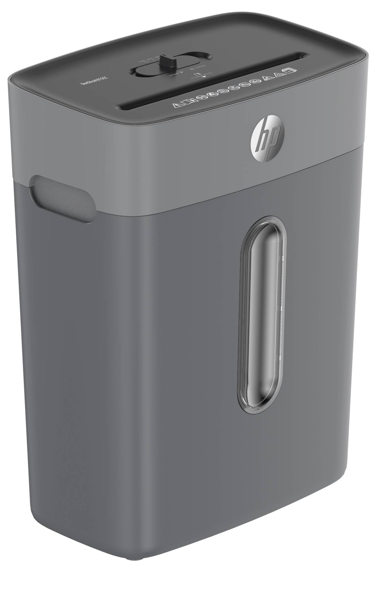 Egy kompakt, sötétszürke papírvágép felső nyílással és az előlapon található átlátszó ablakkal a tartalom megtekintéséhez.