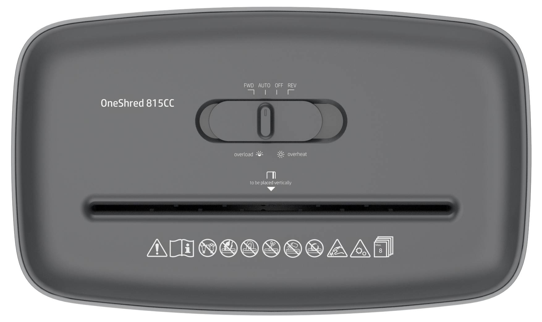 Egy fekete papírturmixgép felülnézetből nézve, amelyen látható a bevezetési slot, az Off (Kikapcsolás), Reverse (Fordított), és Auto pozíciókra állítható csúszka kapcsoló, valamint a figyelmeztetés és a kezelési utasítások ikonja.