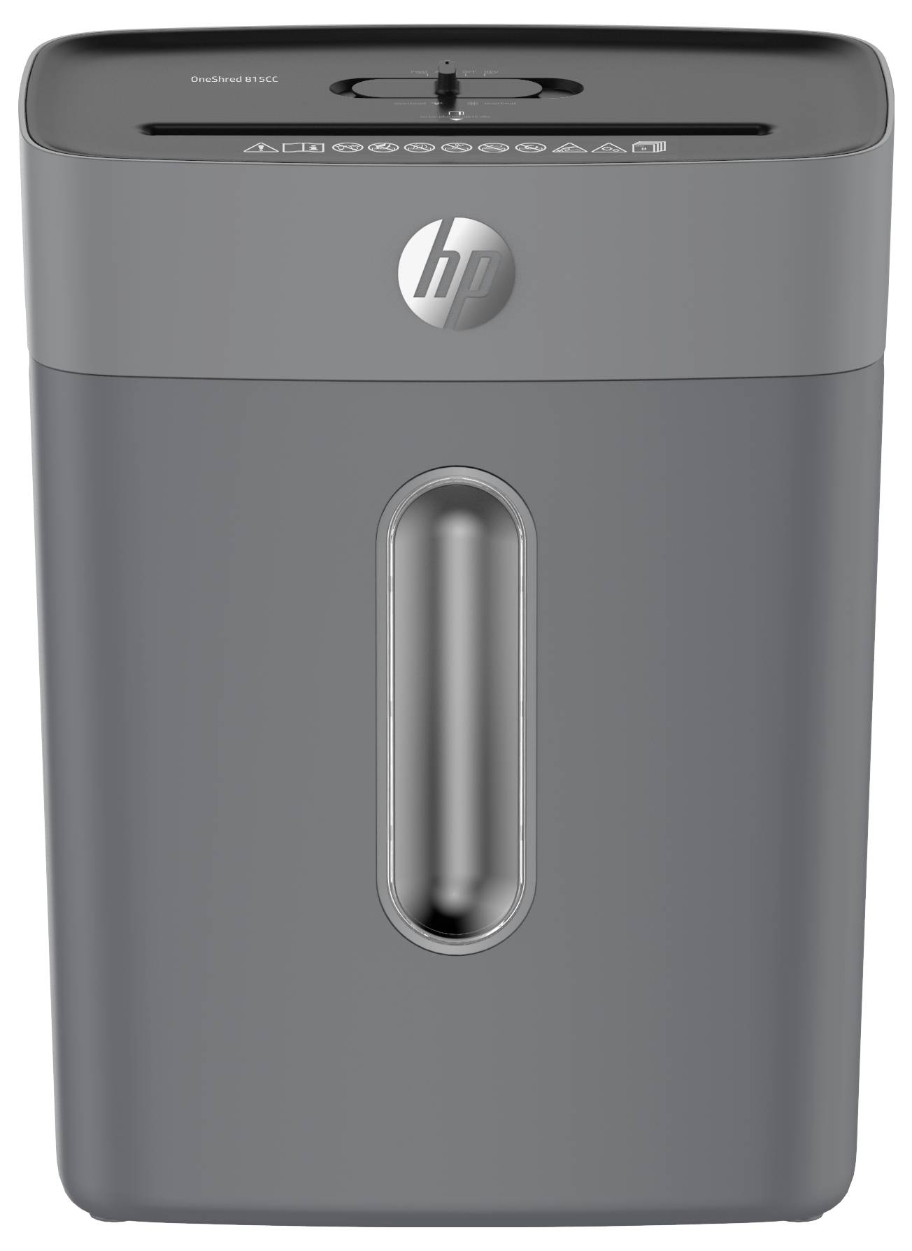 Egy szürke papírnaraboló gép elöl egy ablakkal a papírszint megtekintéséhez, és felül egy vezérlőpanellel.