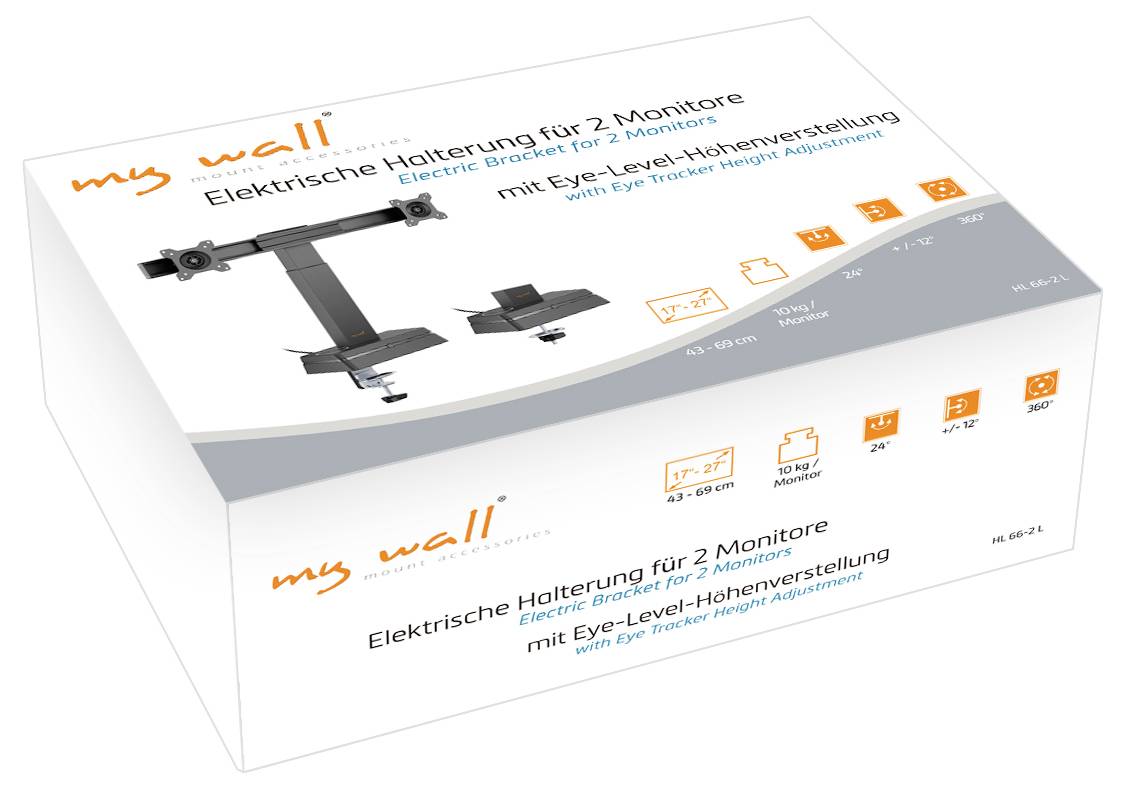 "Falnak Szerelt" elektromos konzol két monitorhoz, a csomagoláson látható, olyan funkciókkal, mint a szemmagassághoz igazítható magasság, 17-32 hüvelykes monitor támogatás.