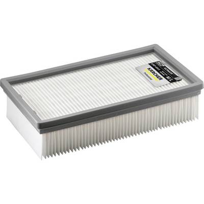 Egy téglalap alakú, redőzött vákuum szűrő szürke kerettel, amely a jobb felső sarkon egy "Karcher" feliratú címkét visel.