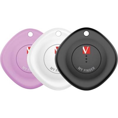Három ovális Bluetooth-nyomkövető rózsaszín, fehér és fekete színben, mindegyik lyukkal a kulcsokhoz vagy táskákhoz való rögzítéshez és a "MY FINDER" felirattal.