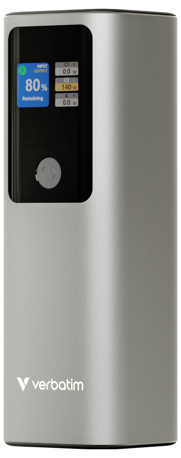Ezüst Verbatim hordozható powerbank apró kijelzővel, amely az „80% maradék" akkumulátor állapotát és töltésleolvasási adatokat mutat.
