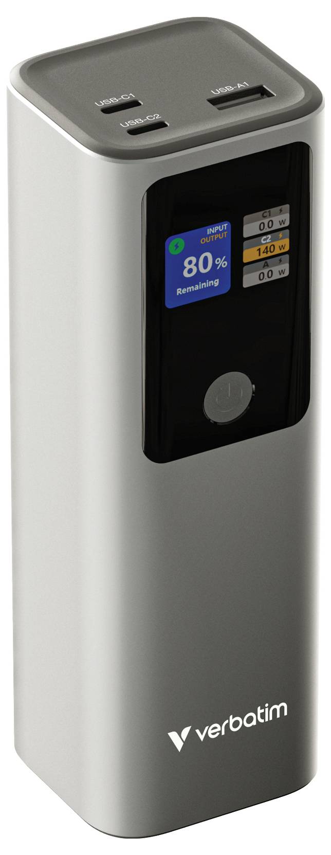 Egy ezüst Verbatim hordozható powerbank digitális kijelzővel, amely 80%-os hátralévő töltöttséget mutat, és USB-C és USB-A portokkal a tetején.